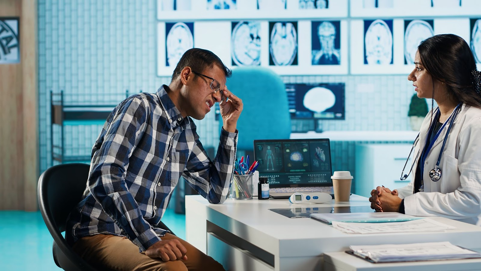 A neurologist offers medication to a male patient with brain fog; various body scans are visible in the background.