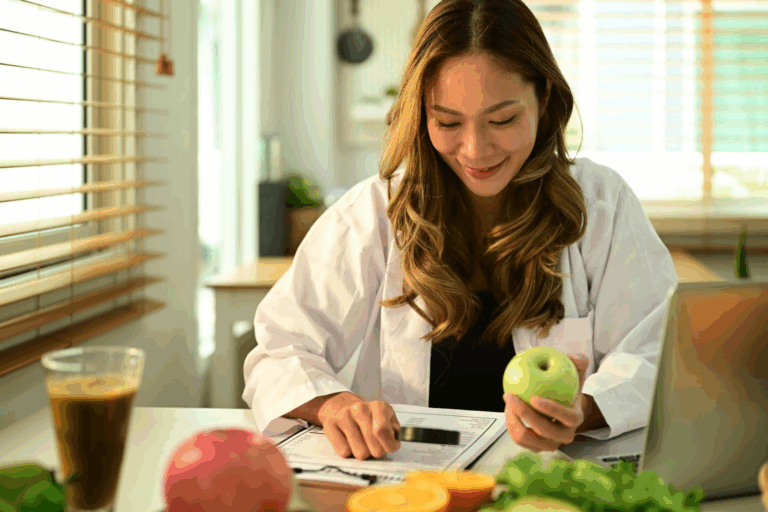 A dietitian works on a personalized nutrition plan with healthy foods on the table.