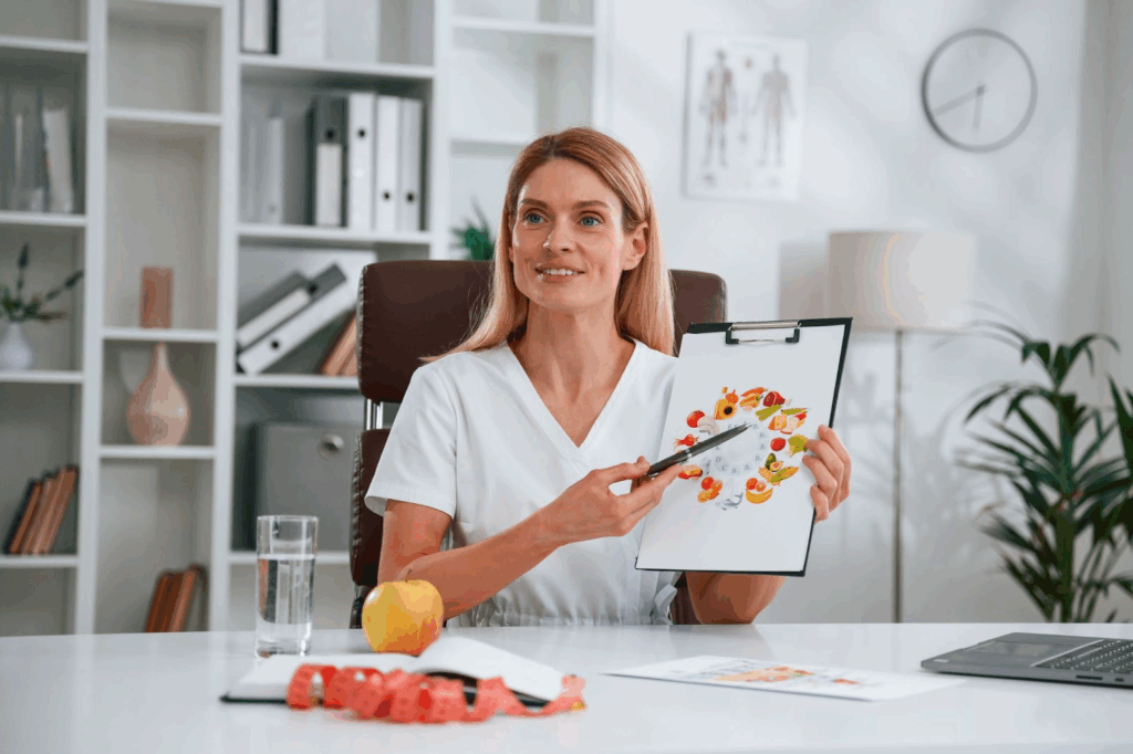 A dietitian presents a dietary chart alongside healthy food and supplements during a nutrition session.