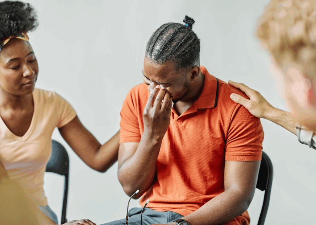 A man wipes tears from his eyes during a group therapy session.