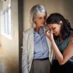 A woman experiencing grief is comforted by her therapist.  