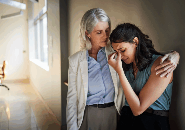 A woman experiencing grief is comforted by her therapist.  