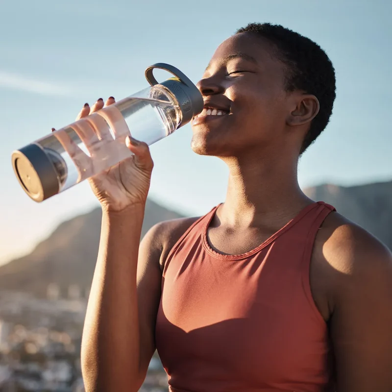 A smiling woman with her eyes closed, wearing a pink athletic top, drinking water from a clear bottle with a black lid on a sunny day outdoors.